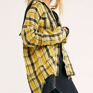 Free People Calico Basin Distressed Jacket Shirt Black Yellow Plaid